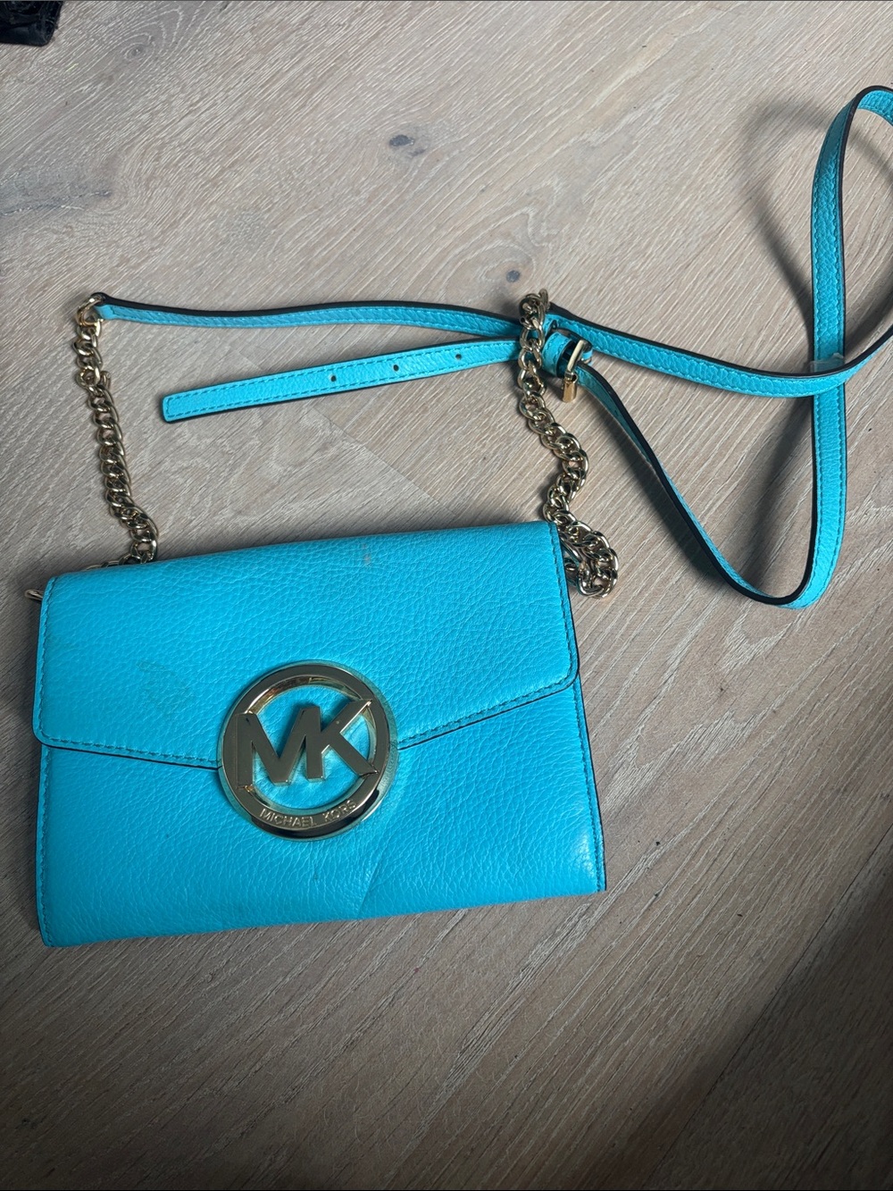Michael Kors Turquoise Crossbody Bag with Gold MK Emblem